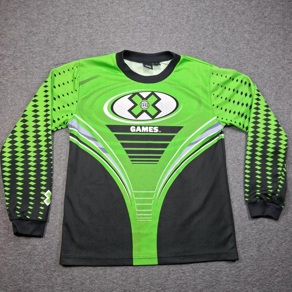 X Games Jersey Shirt Mens XL Green Black Skateboarding Bike Long Sleeve